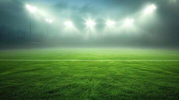 AI generated Green soccer field illuminated by bright spotlights, creating a vibrant and energetic atmosphere. Ai Generated. photo