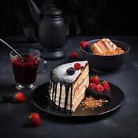 AI generated Real shot captures the essence of a delectable cake and its inviting slices. Ai Generated photo