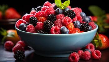 ai generado Fresco baya Fruta postre en de madera mesa, sano y delicioso generado por ai foto