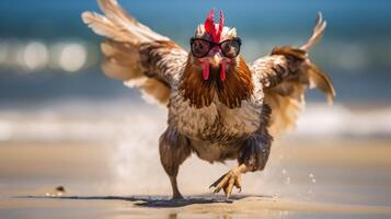 ai generado experiencia el intensidad de un gallina saltando sobre el playa en un maravilloso de cerca foto, ai generado. foto