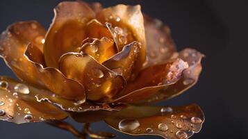 AI generated Intricate metalwork sculpts a radiant rose, its petals adorned with dew, a fusion of elegance and craftsmanship, Ai Generated. photo