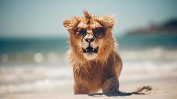 ai generado experiencia el intensidad de un león saltando sobre el playa en un maravilloso de cerca foto, ai generado. foto