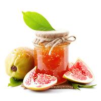 AI generated A jar of homemade guava jam with fresh guava, isolated on a white background. Ai Generated. photo