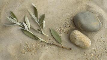 AI generated Tranquil composition of sage twig and pebble rocks on sandy surface. Ai Generated photo