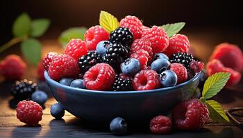 AI generated Fresh, juicy berries on a rustic wooden table, a healthy dessert generated by AI photo