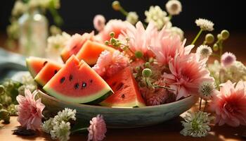 AI generated Fresh watermelon slice on wooden table, a summer delight generated by AI photo