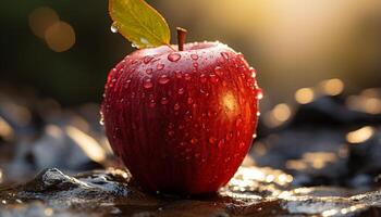 AI generated Fresh apple, wet with dew, reflects vibrant autumn nature generated by AI photo