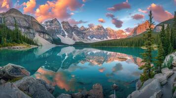 ai generado asombroso panorama de morena lago en banff nacional parque, exhibiendo el prístino belleza de el canadiense Montañas Rocosas. ai generado foto