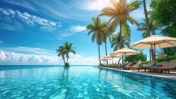 AI generated Luxurious swimming pool with loungers, umbrellas, palm trees, and sea under a blue sky. Ai Generated photo