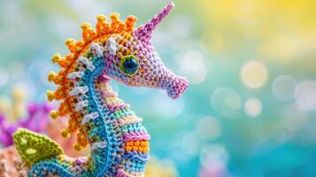 AI generated Crocheted sea horse toy vibrant backdrop, handcrafted and adorable, Ai Generated photo