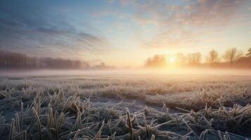 AI generated Winter wheat crops blanket the field, a serene vista in the chilly landscape, Ai Generated. photo