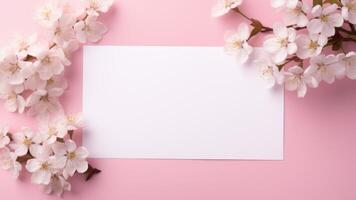 ai generado tranquilo escena con un blanco tarjeta en medio de Cereza flores en suave rosado. ai generado foto