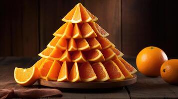 AI generated Pyramid of sliced oranges on wooden table, promoting natural, healthy eating. Fresh vitality, Ai Generated. photo
