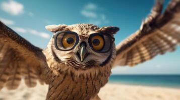 AI generated Experience the intensity of an owl leaping onto the beach in a stunning close-up photo, Ai Generated. photo