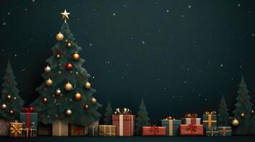 ai generado un vistoso Navidad antecedentes adornado con regalos y un árbol en un profundo verde fondo. ai generado foto