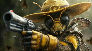 AI generated A bee in a hat packs a tiny, unexpected firearm. Ai Generated. photo