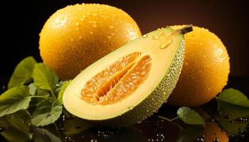 AI generated Freshness of nature slice, ripe melon, healthy eating, sweet food generated by AI photo