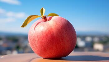 AI generated Fresh, ripe apple on wooden table, a taste of nature generated by AI photo