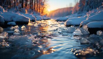 ai generado tranquilo escena invierno bosque, congelado lago, puesta de sol belleza en naturaleza generado por ai foto