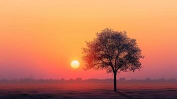 AI generated A single tree stands as a silhouette against the captivating hues of a serene sunset. Ai Generated. photo