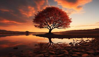 ai generado tranquilo puesta de sol refleja en agua, naturaleza belleza en otoño generado por ai foto