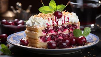 ai generado un hecho en casa gastrónomo postre plato con Fresco baya indulgencia generado por ai foto