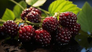 AI generated Fresh raspberry, healthy summer snack, juicy and antioxidant rich generated by AI photo