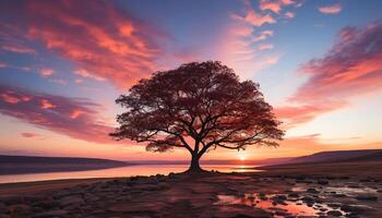 AI generated Silhouette of tree reflects tranquil sunset over water generated by AI photo