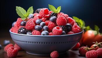 AI generated Fresh, ripe berry fruit on a wooden table, healthy and delicious generated by AI photo