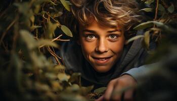 ai generado sonriente niño ocultación en otoño bosque, disfrutando naturaleza belleza generado por ai foto