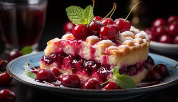 AI generated Fresh berry dessert on wooden table, a summer indulgence generated by AI photo