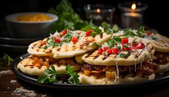 AI generated Grilled beef with homemade sauce, served on rustic wooden plate generated by AI photo