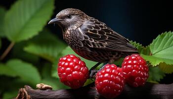 AI generated A small bird perching on a branch, eating a berry generated by AI photo