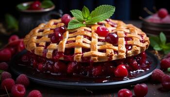 AI generated Fresh berry dessert on wooden plate with mint leaf garnish generated by AI photo