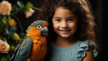 ai generado linda niña sonriente, participación un pequeño guacamayo, al aire libre en naturaleza generado por ai foto