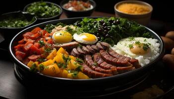 ai generado A la parrilla Cerdo filete con Fresco tomate ensalada en de madera plato generado por ai foto