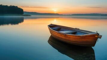 ai generado un solitario de madera barco flotadores en un lago, sus reflexión reflejado en el calma aguas, ai generado. foto