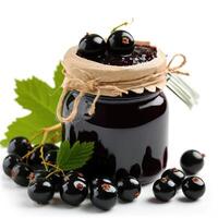AI generated Delightful blackcurrant jam marmalade jelly preserves in a glass jar, paired with fresh blackcurrants, displayed on a clean white backdrop, Ai Generated. photo