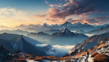 AI generated Majestic mountain peak, sunset sky, tranquil meadow, nature beauty generated by AI photo