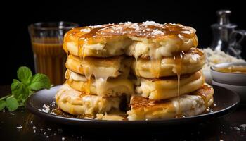 AI generated Stack of homemade pancakes with syrup and fresh berries generated by AI photo