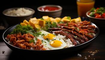 ai generado A la parrilla Cerdo con Fresco verduras, un sano hecho en casa comida generado por ai foto