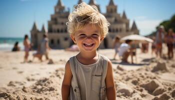 ai generado sonriente niño disfrutando verano vacaciones, al aire libre, mirando a cámara generado por ai foto