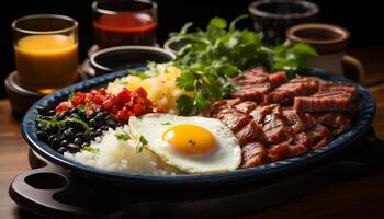 ai generado recién cocido Cerdo comida en de madera plato con A la parrilla vegetales generado por ai foto