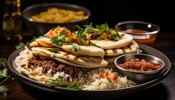 AI generated Gourmet taco plate meat, guacamole, freshness, spice, grilled, tomato, onion generated by AI photo