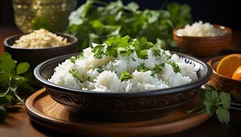 AI generated Fresh, healthy meal steamed white rice with organic vegetable salad generated by AI photo