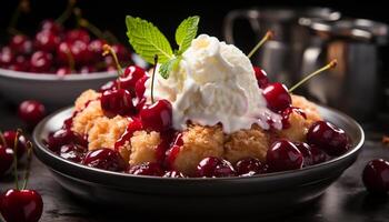 ai generado Fresco baya postre en de madera mesa, indulgente y sano generado por ai foto