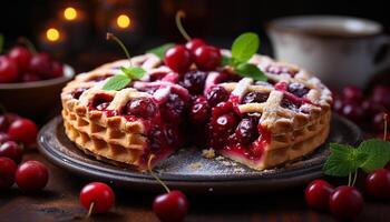 AI generated Fresh homemade berry dessert on rustic wooden table generated by AI photo