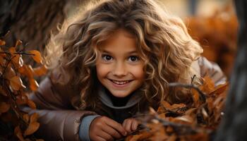 ai generado sonriente niña disfruta otoño, rodeado por naturaleza belleza y alegría generado por ai foto