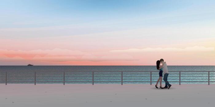 Couple of lover kissing at seaside with vanilla sky background vector illustration. Sweetheart's honeymoon concept have blank space.