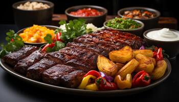 ai generado A la parrilla carne de vaca bife, cocido a perfección, servido con Fresco vegetales generado por ai foto